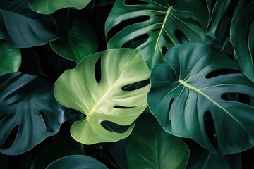 Tropical jungle leaves overlapping, creating a rich, exotic pattern with deep greens