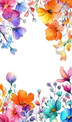 A vibrant floral border illustration with various colorful flowers on a white background.
