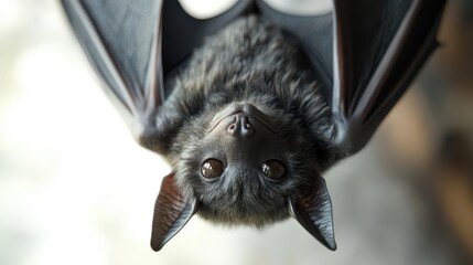 Obraz premium A close-up of a bat hanging upside down, showcasing its large eyes and dark fur, highlighting its unique features and nocturnal nature.