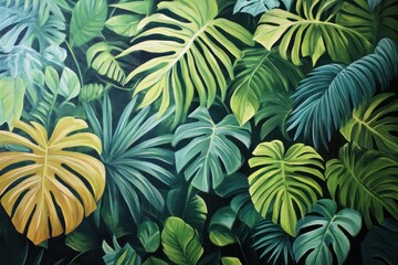 Fototapeta premium Tropical leaves in a jungle setting, dense and vibrant,