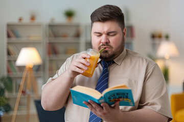 Fototapeta premium Man, plus-size, drinking a fresh juice while reading a book