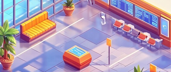 A colorful airport terminal scene featuring seating and informational displays.