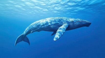 A majestic whale glides gracefully through the deep blue ocean, showcasing its size and beauty in a serene underwater environment.