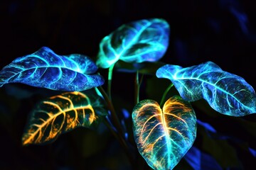 Naklejka premium Tropical leaves with a bioluminescent effect, glowing softly in the dark, 