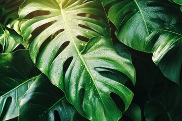 Tropical leaves with water droplets, fresh and dewy, reflecting natural sunlight