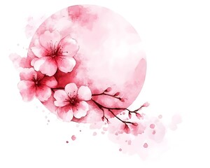 A watercolor illustration featuring pink cherry blossoms against a soft circular background.