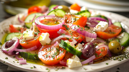 A traditional Greek salad with ripe tomatoes, cucumbers, red onions, Kalamata olives, and feta cheese, drizzled with olive oil and sprinkled with oregano.