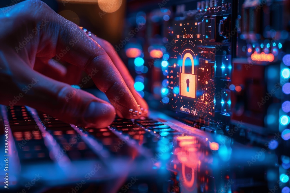 Poster hand typing on laptop keyboard with holographic padlock for cyber security and data protection