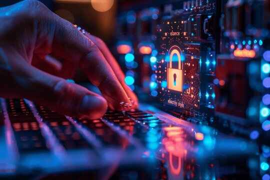 Hand typing on laptop keyboard with holographic padlock for cyber security and data protection
