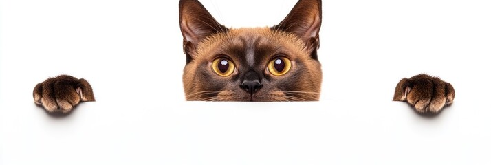 Fototapeta premium A curious cat peeking over a blank surface, showcasing its expressive eyes.