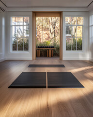 Fototapeta premium Tranquil yoga studio with natural light and outdoor view in a peaceful setting