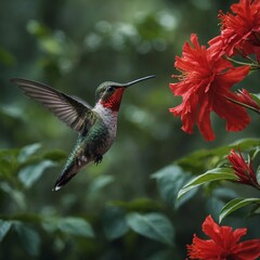 Obraz premium A hummingbird hovering near a delicate red flower in the heart of the jungle.