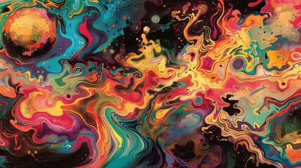 A psychedelic mushroom tea swirling with vibrant colors and giving off a strong earthy aroma.
