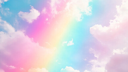 Vibrant rainbow arches across a pastel sky filled with fluffy clouds at sunset