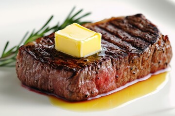 A perfectly grilled steak topped with a pat of butter, garnished with rosemary, showcasing a deliciously juicy and flavorful meal.