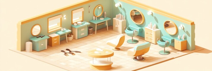 A stylized hair salon interior featuring chairs, mirrors, and styling stations.