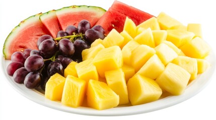 A plate of colorful fruit platter with slices of mango, pineapple, watermelon