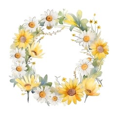 Obraz premium A watercolor floral wreath featuring daisies and sunflowers, ideal for decorative purposes.