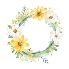 Obraz premium A watercolor floral wreath featuring yellow and white flowers with greenery.
