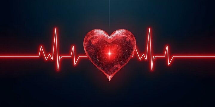 A glowing red heart with a heartbeat pulse line against a dark background