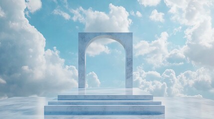 Front view of white podium and stairway with blank space in blue cloudy sky background abstract content.