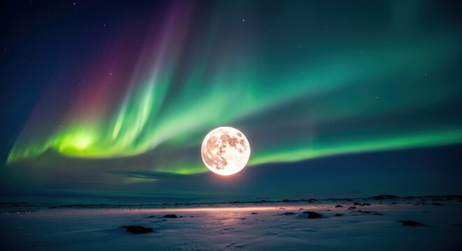 Arctic Night: Full Moon and Aurora Borealis