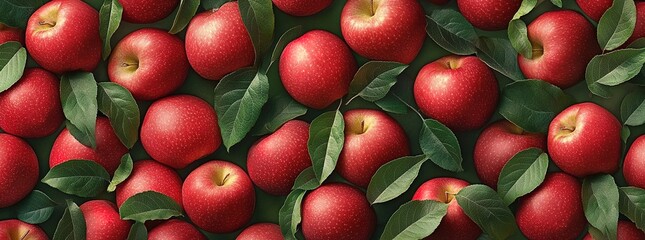 Obraz premium A vibrant background of red apples with green leaves