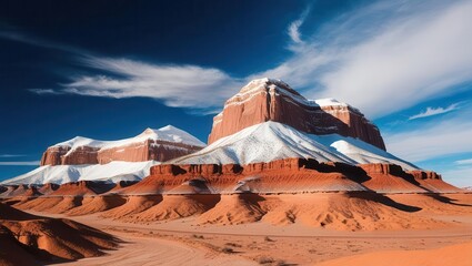 Majestic snow-capped red rock formation
