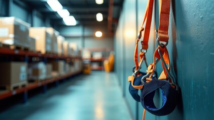 Focused view of safety harness hanging in a neat warehouse promoting personal safety measures