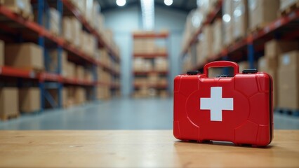 First aid kit placed strategically in a clean warehouse environment emphasizing safety protocols
