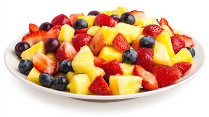 A plate of colorful fruit salad with chunks of pineapple, strawberries, blueberries