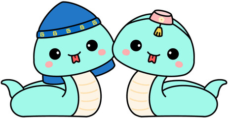 2025년 새해 뱀띠 푸른뱀의띠 을사년 뱀띠 푸른뱀띠 뱀의해 청뱀 한복입은 뱀 일러스트