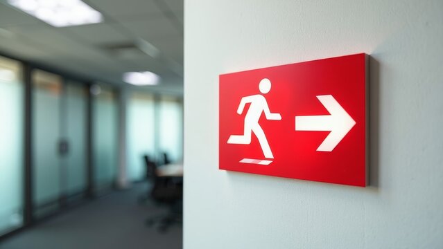 Illuminated emergency exit sign mounted on office wall directing to safety