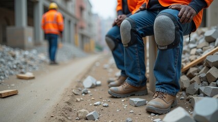 Close-up of a construction worker's knee pads resting on a rubble-filled building site