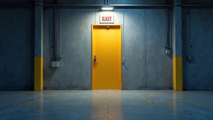 Brightly Lit Emergency Exit Door Design with Clear Signage in a Warehouse Environment