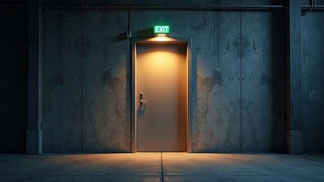 Emergency exit door illuminated in a warehouse, highlighting safety measures and providing ample copyspace