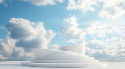 Front view of white podium and stairway with blank space in blue cloudy sky background abstract content.