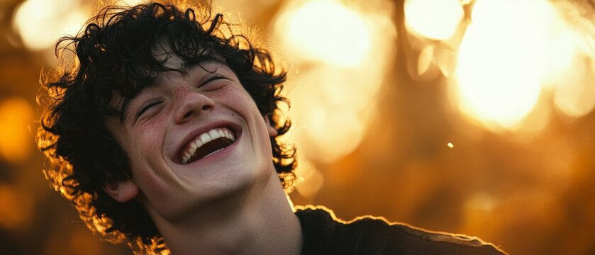 Joyful Young Man Laughing Against a Golden Sunset Background - Happy Expressions, Outdoor Portrait, Lifestyle Photography