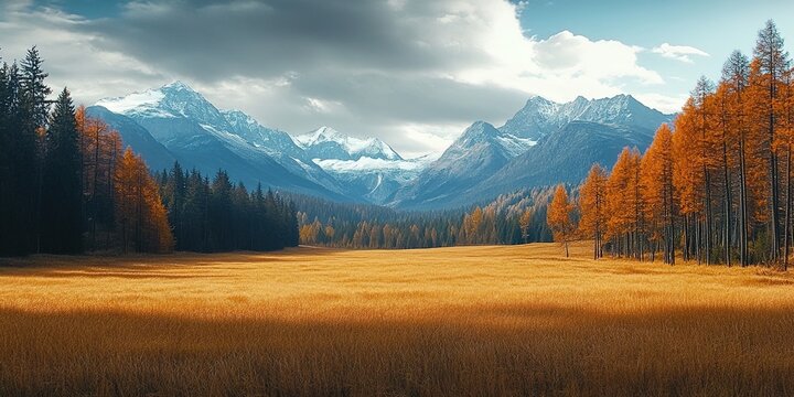 In autumn, the distant mountains and forests form an orange color scheme