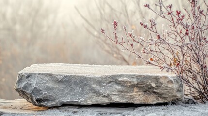Obraz premium A frosty stone resting on a surface, surrounded by delicate, frost-covered branches.