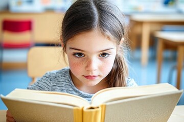 Young Girl Reading Book at Classroom Desk Smart Student School Education Learning