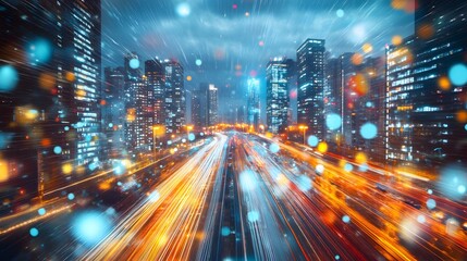 Fototapeta premium Dynamic city nightlife with vibrant light trails and bokeh effects in urban skyline.