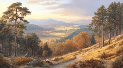 A serene landscape depicting trees and rolling hills during autumn at sunrise.