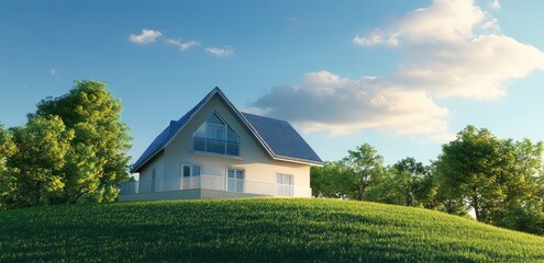 A blue and white two-story house with a light gray roof, standing on a grassy hillside, is located in the foreground.