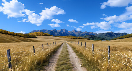 Fototapeta premium Golden Autumn Fields under Crisp Blue Sky