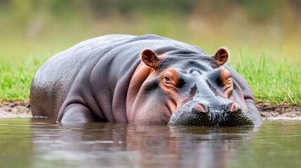 A hippopotamus resting partially submerged in water, surrounded by grass.