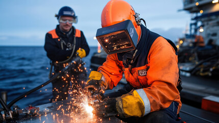 Welding techniques in marine environment with sparks flying
