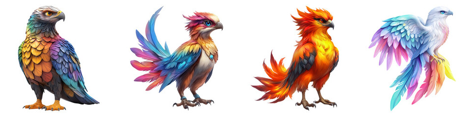 Fototapeta premium dinosaur fantasy on Transparent Background concept. A collection of vibrant, colorful birds showcasing unique plumage and distinct features.