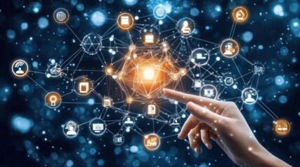 Innovative Digital Network Concept with Finger Touching a Centralized Node, Representing Technology, Connectivity, and Modern Communication in a Data-Driven World