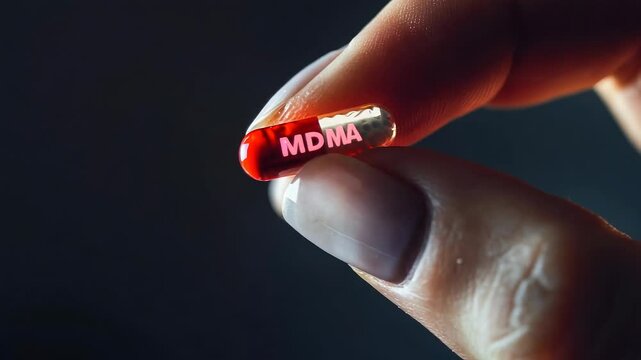 Close-Up of Hand Holding MDMA Capsule on Dark Background